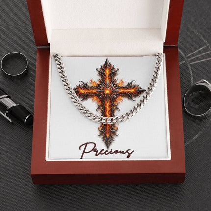 Precious Cross Internal Flames | Christian Cuban Link Chain Necklace | His Word