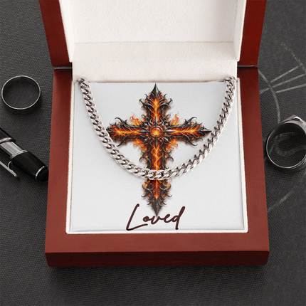 Loved Cross Internal Flames | Christian Cuban Link Chain Necklace | His Word
