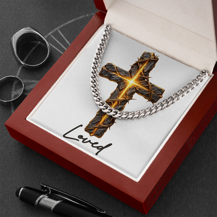 Loved Cross Glowing Radiant Center | Christian Cuban Link Chain Necklace | His Word