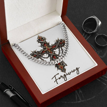 Forgiving Cross Crown of Thorns | Christian Cuban Link Chain Necklace | His Word