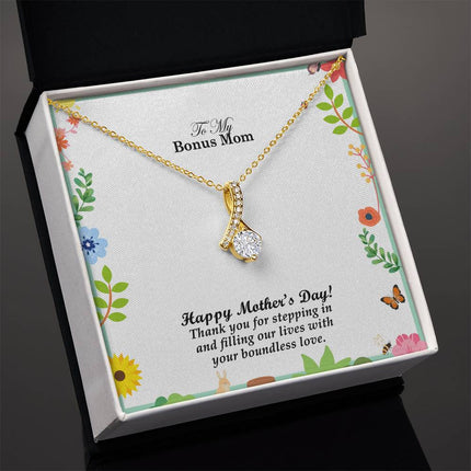Christian alluring beauty necklace with "To My Bonus Mom Happy Mother's Day Gift" message — modern Mother's Day gift for bonus mom, in luxury gift box