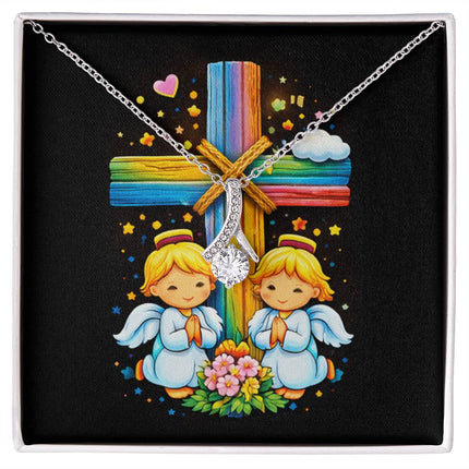 Rainbow Cross Angel Twins | Christian Alluring Beauty Necklace | Gift for Kids