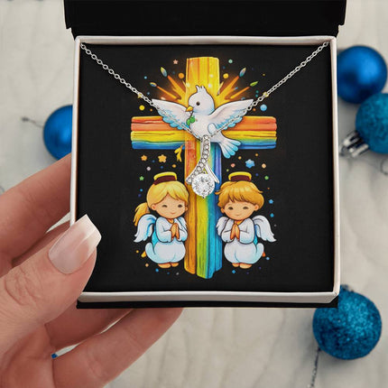 Rainbow Cross Angels And Dove | Christian Alluring Beauty Necklace | Gift for Kids