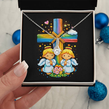 Rainbow Cross Angel Twins | Christian Alluring Beauty Necklace | Gift for Kids