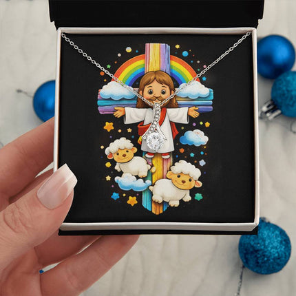 Rainbow Cross Jesus And Lamb | Christian Alluring Beauty Necklace | Gift for Kids
