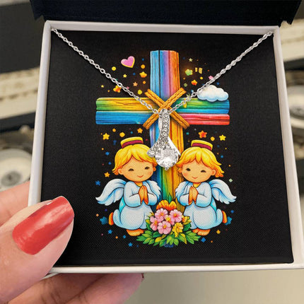 Rainbow Cross Angel Twins | Christian Alluring Beauty Necklace | Gift for Kids