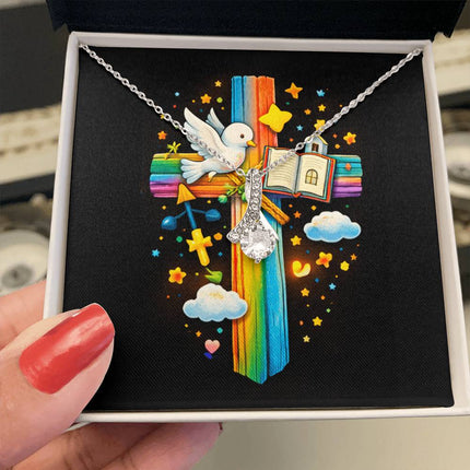 Rainbow Cross Open Bible | Christian Alluring Beauty Necklace | Gift for Kids