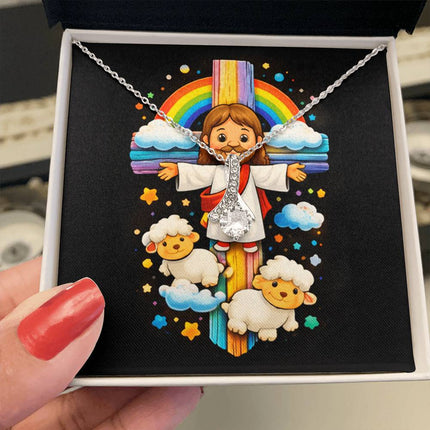 Rainbow Cross Jesus And Lamb | Christian Alluring Beauty Necklace | Gift for Kids