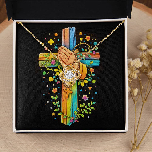 Rainbow Cross Praying Hands | Christian Love Knot Necklace | Gift for Kids