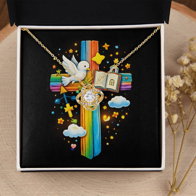 Rainbow Cross Open Bible | Christian Love Knot Necklace | Gift for Kids