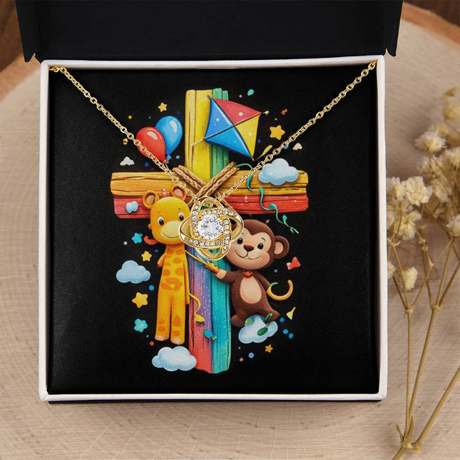 Rainbow Cross Jungle Animals | Christian Love Knot Necklace | Gift for Kids