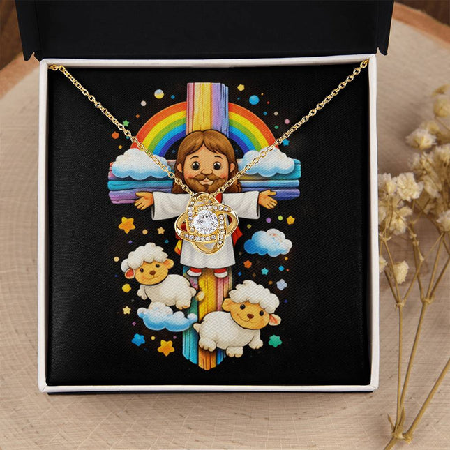 Rainbow Cross Jesus And Lamb | Christian Love Knot Necklace | Gift for Kids