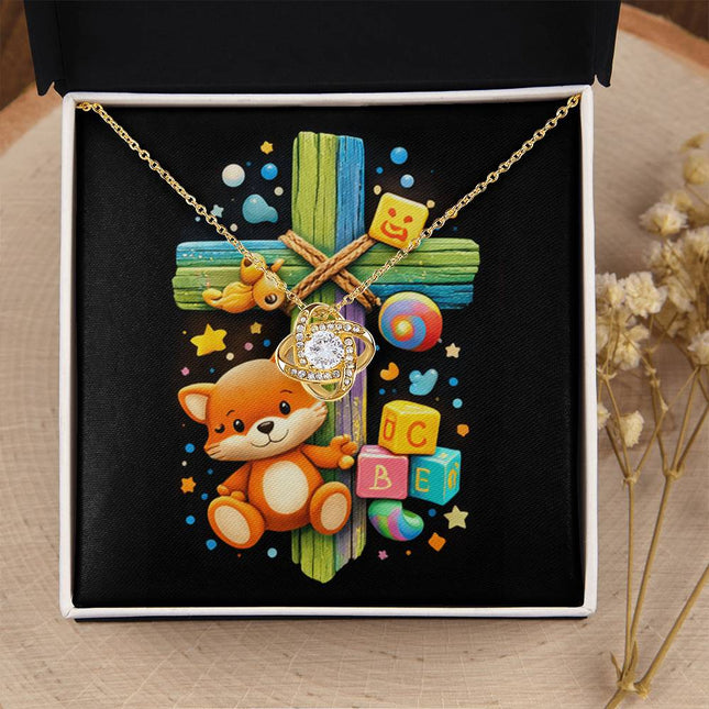 Rainbow Cross Little Fox | Christian Love Knot Necklace | Gift for Kids