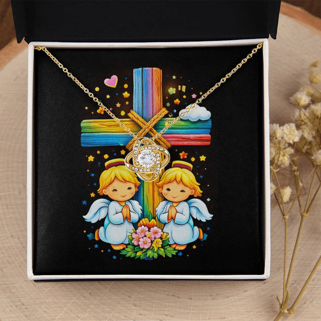 Rainbow Cross Angel Twins | Christian Love Knot Necklace | Gift for Kids