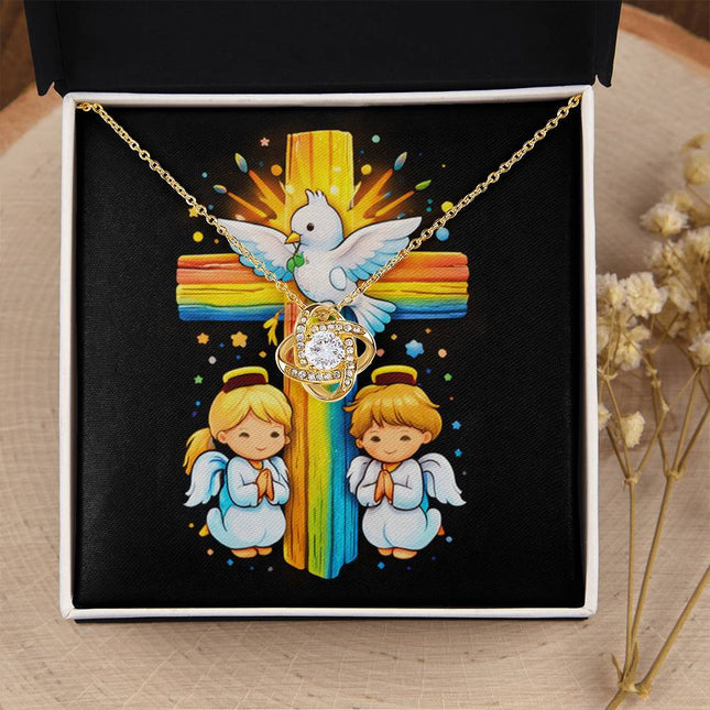 Rainbow Cross Angels And Dove | Christian Love Knot Necklace | Gift for Kids