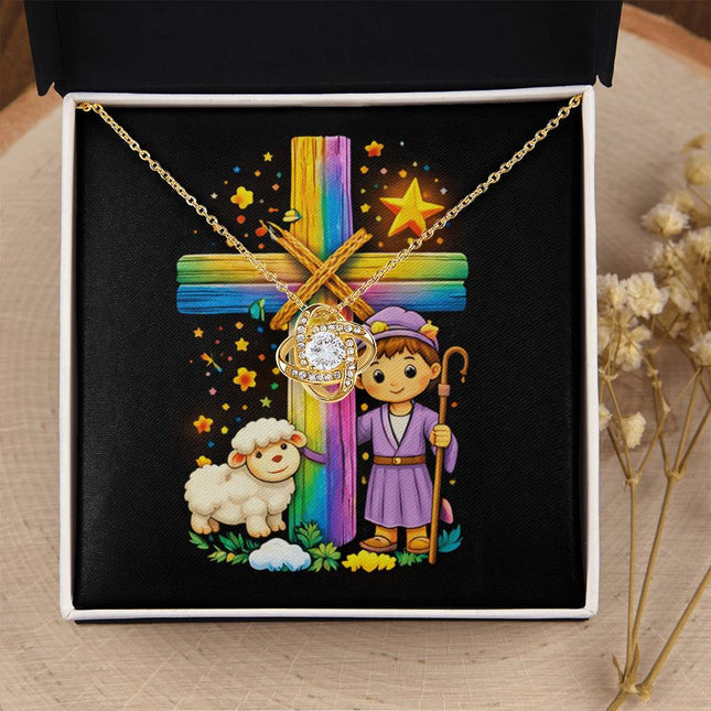 Rainbow Cross Little Shepherd | Christian Love Knot Necklace | Gift for Kids
