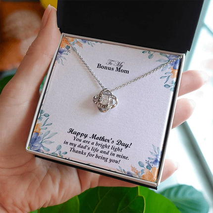 Christian love knot necklace with "To My Bonus Mom Happy Mother's Day Gift" message — modern Mother's Day gift for bonus mom, in luxury gift box