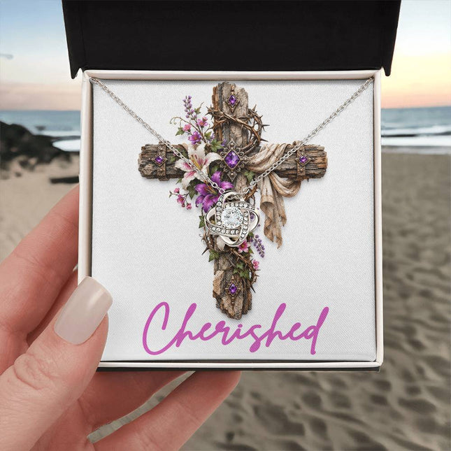 Cherished Cross Lilies | Christian Love Knot Necklace | Her Word