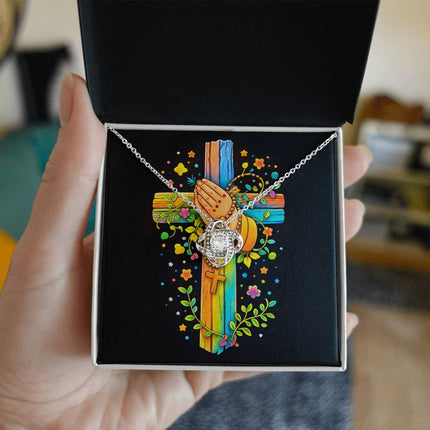 Rainbow Cross Praying Hands | Christian Love Knot Necklace | Gift for Kids