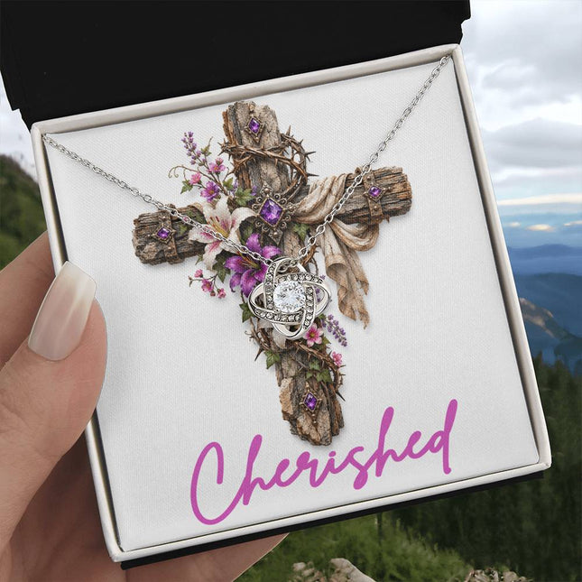 Cherished Cross Lilies | Christian Love Knot Necklace | Her Word