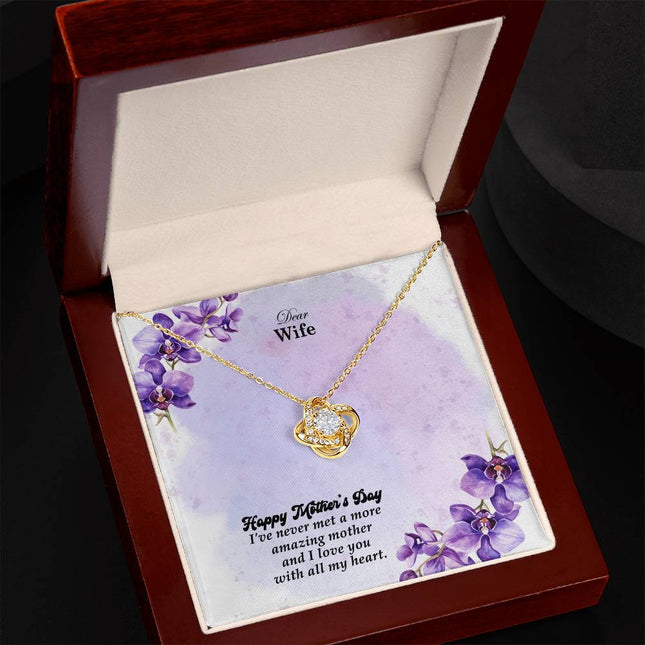 Christian love knot necklace with "Dear Wife Happy Mother's Day Gift" message — modern Mother's Day gift for wife, in luxury gift box