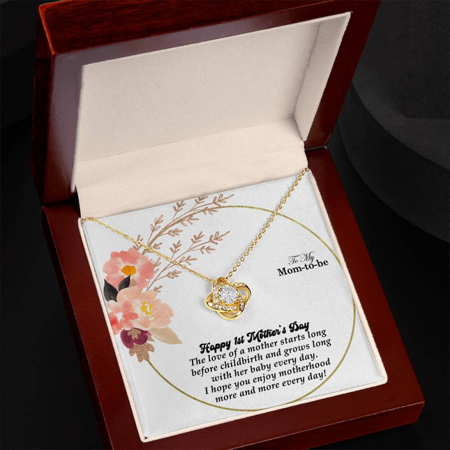 Christian love knot necklace with "To My Mom-to-be Happy 1st Mother's Day Gift" message — modern Mother's Day gift for mom, in luxury gift box