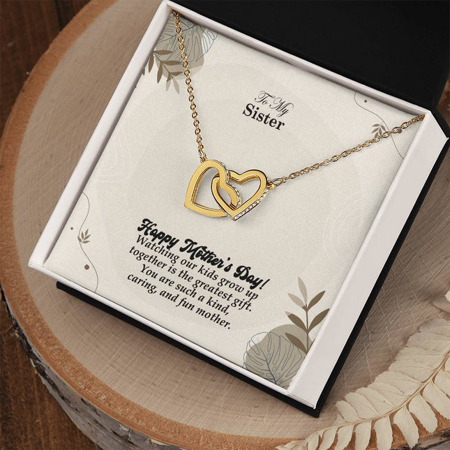 Christian cross necklace with "Watching Our Kids Grow Up Together Is the Greatest Gift" message — modern Mother's Day gift for sister, in luxury gift box