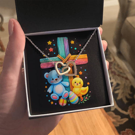 Rainbow Cross Teddy Bear | Christian Interlocking Hearts Necklace | Gift for Kids