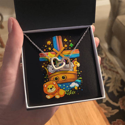 Rainbow Cross Noahs Ark | Christian Interlocking Hearts Necklace | Gift for Kids