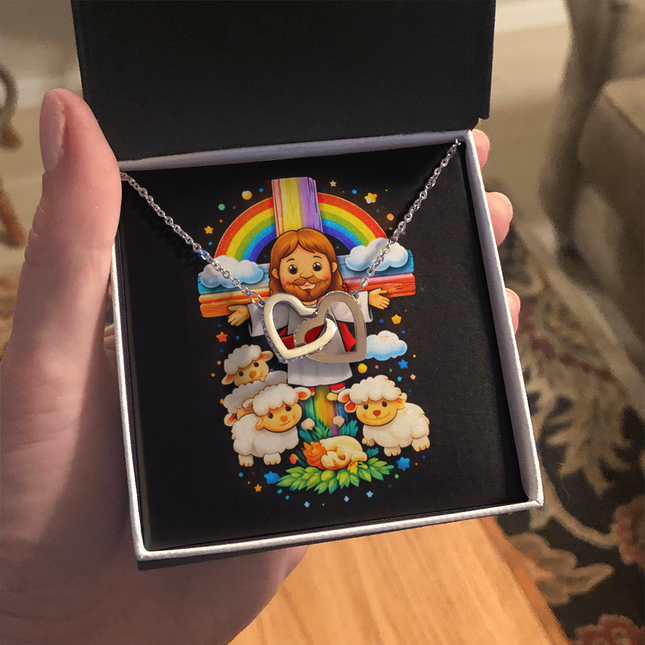 Jesus And Little Lambs | Christian Interlocking Hearts Necklace | Gift for Kids