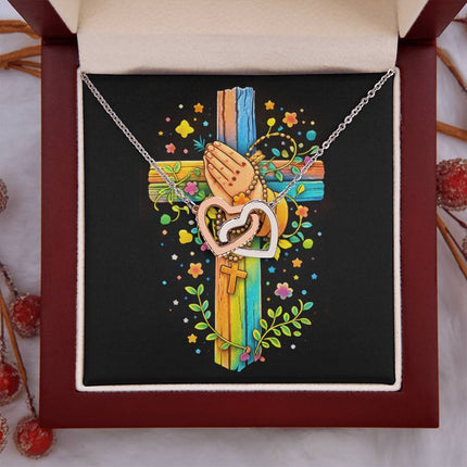 Rainbow Cross Praying Hands | Christian Interlocking Hearts Necklace | Gift for Kids