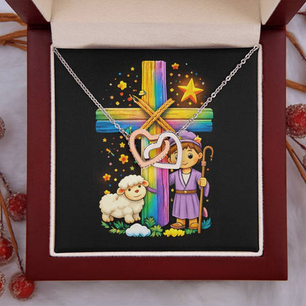 Rainbow Cross Little Shepherd | Christian Interlocking Hearts Necklace | Gift for Kids