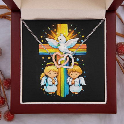 Rainbow Cross Angels And Dove | Christian Interlocking Hearts Necklace | Gift for Kids