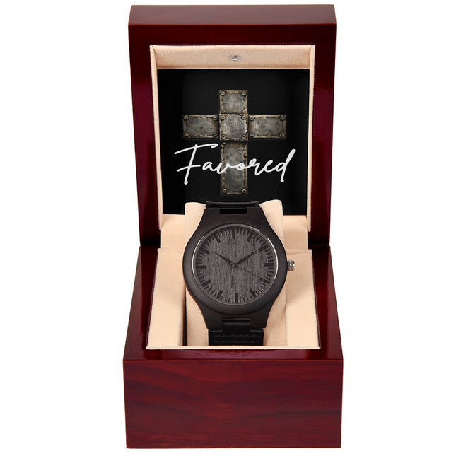 Favored Cross Engraved Wooden Watch – Christian Gift for Men