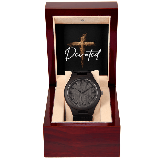 Devoted Cross Engraved Wooden Watch – Christian Gift for Men