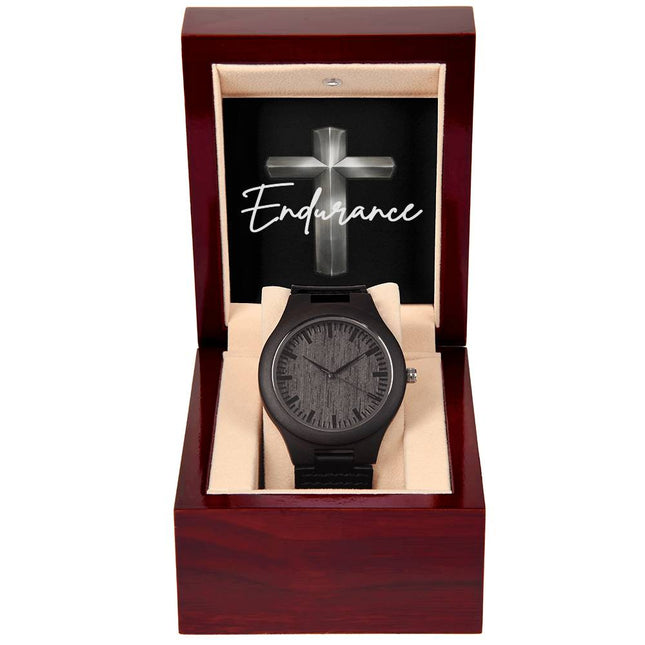 Endurance Cross Engraved Wooden Watch – Christian Gift for Men