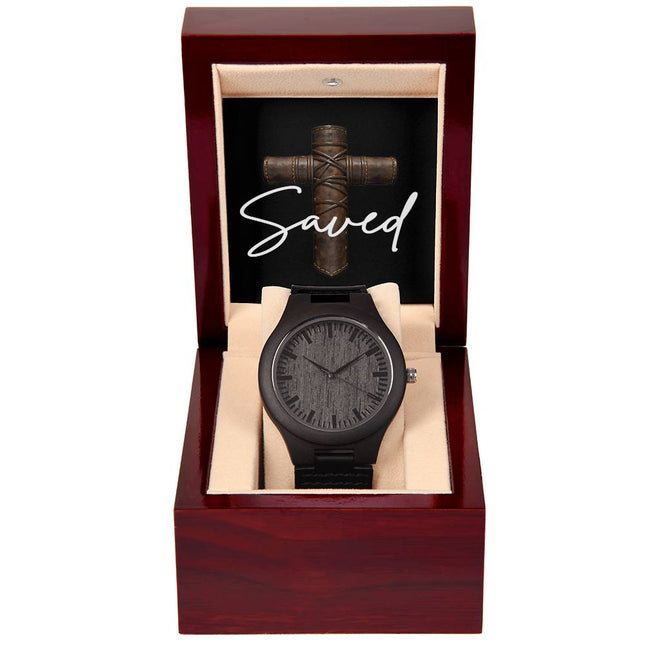 Saved Cross Engraved Wooden Watch – Christian Gift for Men