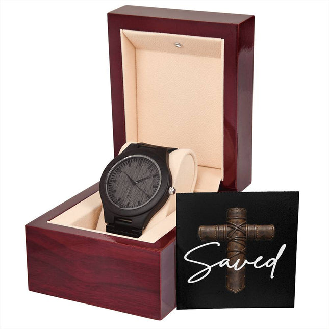 Saved Cross Engraved Wooden Watch – Christian Gift for Men