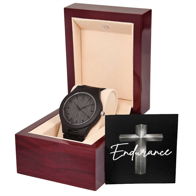 Endurance Cross Engraved Wooden Watch – Christian Gift for Men
