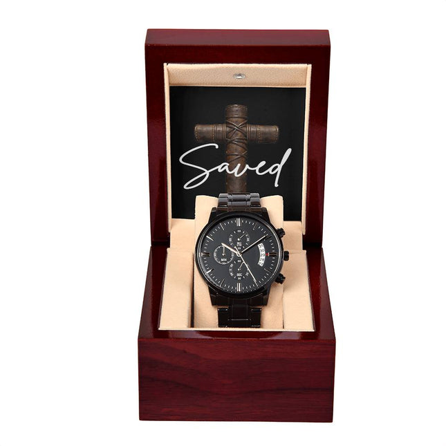 Saved Cross Black Chronograph Watch – Christian Gift for Men