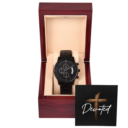 Devoted Cross Black Chronograph Watch – Christian Gift for Men