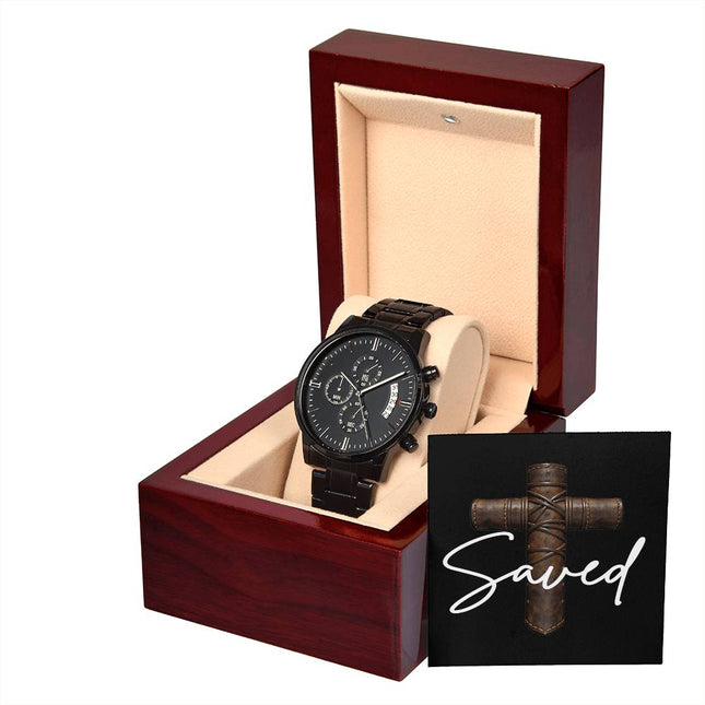 Saved Cross Black Chronograph Watch – Christian Gift for Men