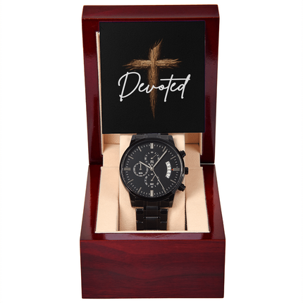 Devoted Cross Black Chronograph Watch – Christian Gift for Men