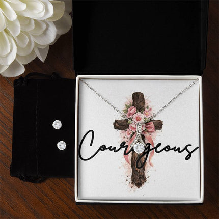 Courageous | Christian Alluring Beauty Necklace and Cubic Zirconia Earring Set | Gift for Her