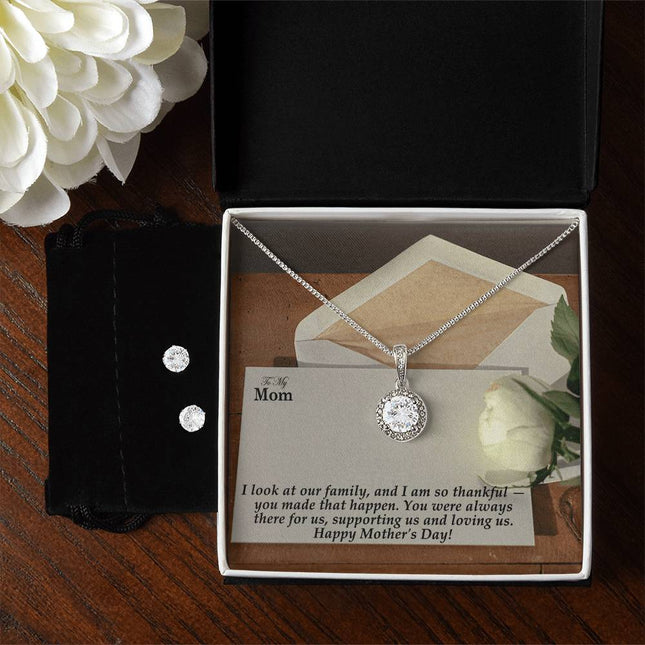 Christian eternal hope necklace with "You Made Our Family Happen" message — modern Mother's Day gift for mom, in luxury gift box