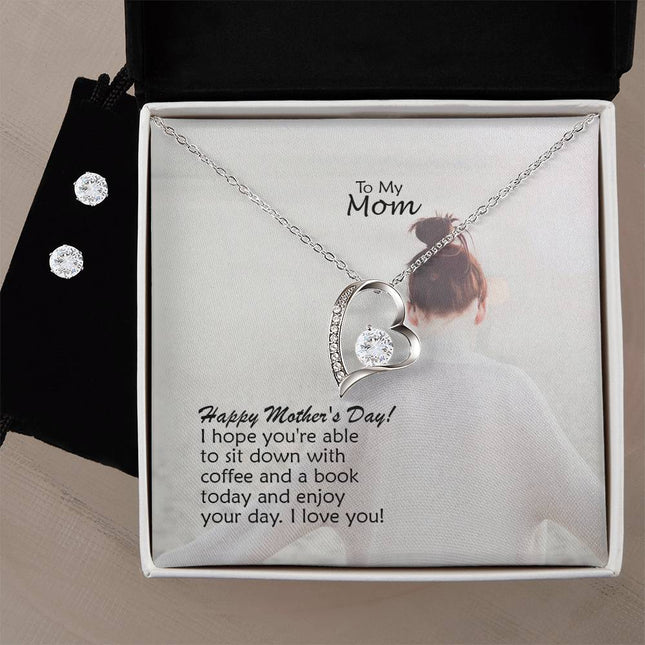 Christian forever love necklace with "Sit Down with Coffee & Enjoy Your Day" message — modern Mother's Day gift for mom, in luxury gift box