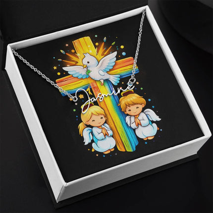 Rainbow Cross Angels And Dove | Christian Signature Name Necklace | Gift for Kids