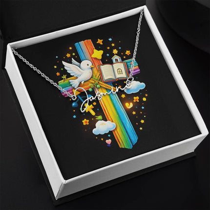 Rainbow Cross Open Bible | Christian Signature Name Necklace | Gift for Kids