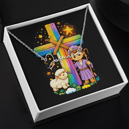 Rainbow Cross Little Shepherd | Christian Signature Name Necklace | Gift for Kids