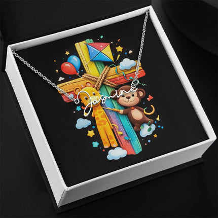 Rainbow Cross Jungle Animals | Christian Signature Name Necklace | Gift for Kids